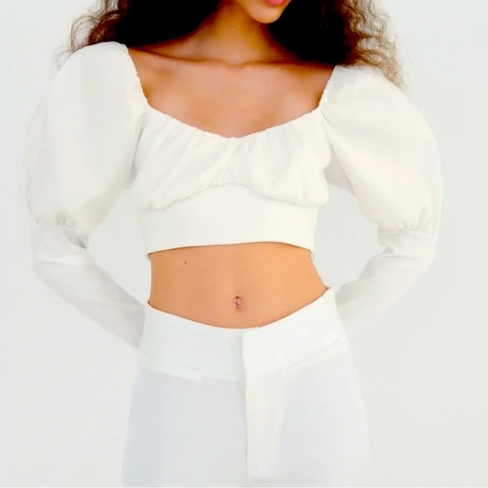 Zara White Puff Sleeve Crop Top Blouse